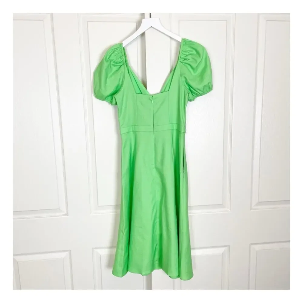 J. Crew Lime Green V-neck Midi Dress Puff Sleeve Linen Blend NWT Sz 4